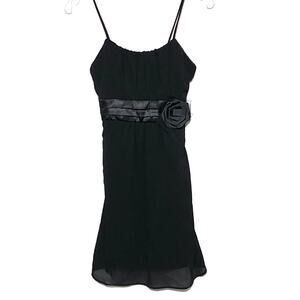 Vintage Black Cami Slip Dress S Chiffon Big Flower Dark Fairy Back Bow Made USA